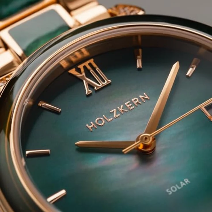 Holzkern Solaruhr Damen-Sunglister, Grünes Perlmutt/Roségoldfarben, Quarzwerk mit Solartechnologie, 34 mm Gehäuse, kratzunempfindliches Mineralglas, wasserdicht bis 5 bar – Bild 4