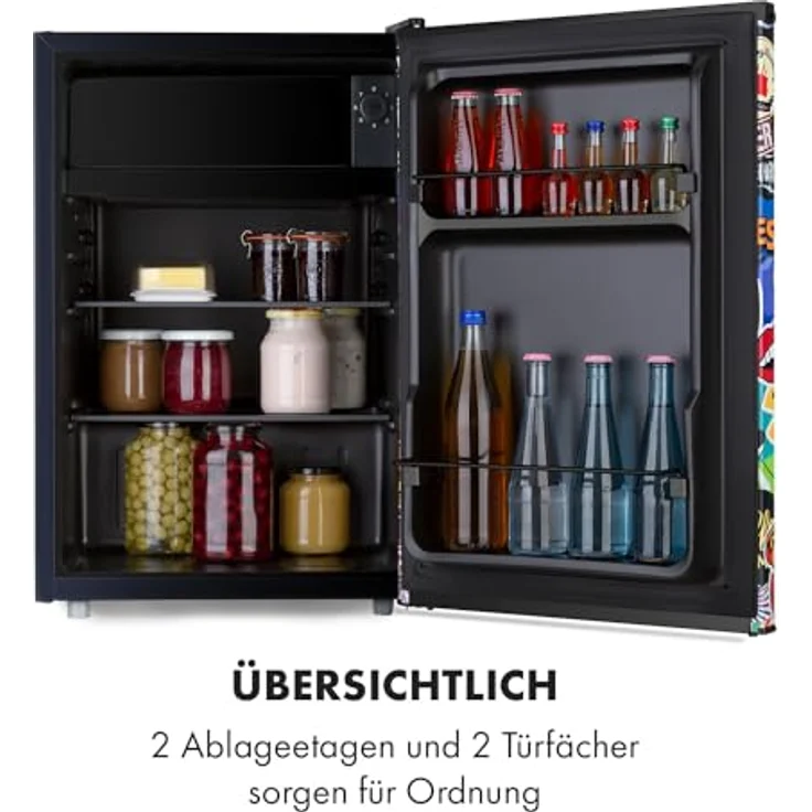 Klarstein Cool Vibe Kühlschrank, 70 Liter, Tür mit Stickerbomb-Design, Eisfach, Geräuschentwicklung 42 dB, schwarz – Bild 5