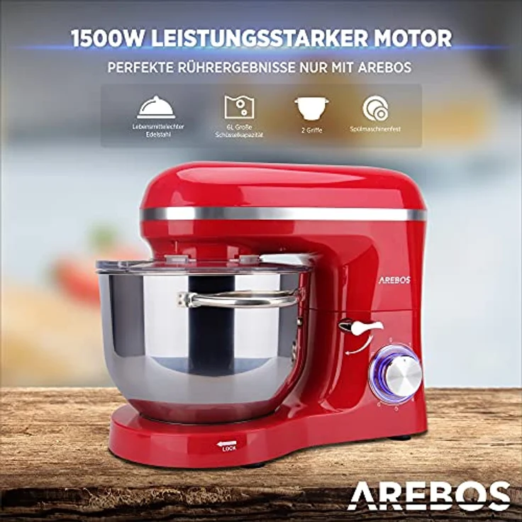 Arebos Küchenmaschine 1500W mit 6L Edelstahl-Rührschüssel | Rot | inkl. Rührhaken, Knethaken, Schneebesen | Spritzschutz | 6 Geschwindigkeiten | Knetmaschine | Teigmaschine – Bild 3
