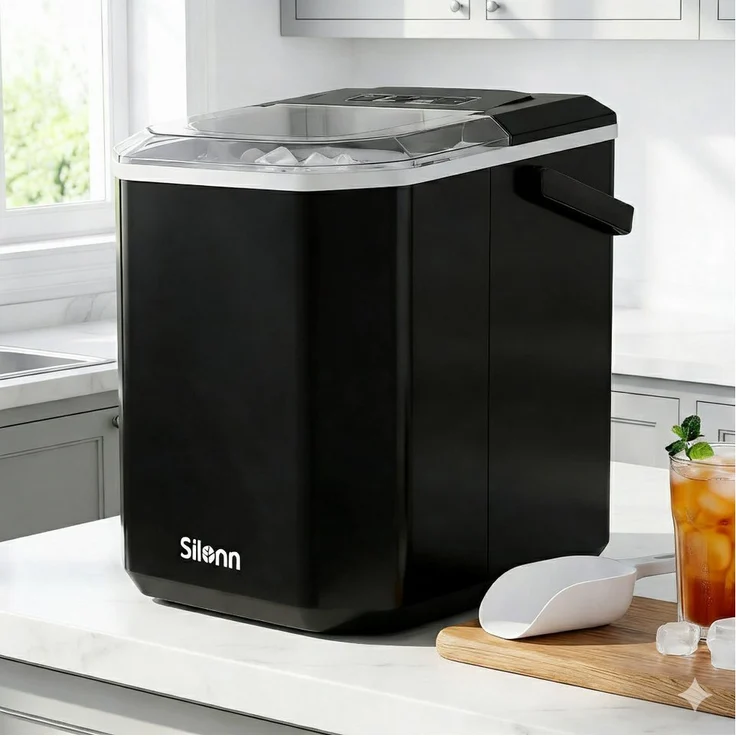 Silonn Mini Eiswürfelmaschine, kompakt mit Selbstreinigung, 2 Eisgrößen, 12 kg/Tag, tragbar, ≤ 45 dB