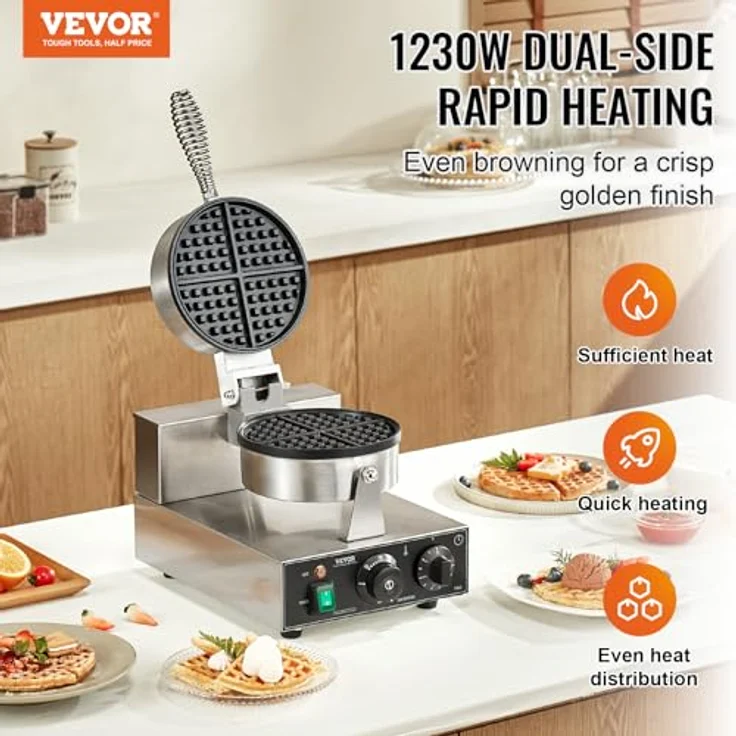 VEVOR kommerzielles Waffeleisen 1230 W mit antihaftbeschichteten Backflächen, aus Edelstahl, Temperatur- und Zeitregelung, für Restaurant Bäckerei, 4 Fächerförmige Waffeln – Bild 2