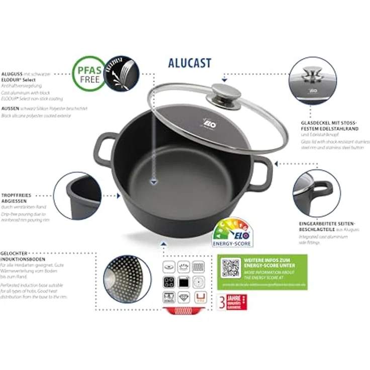 ELO Kochtopf ALUCAST D 16 cm grau, Universaltopf mit kratzfester ELODUR Select Antihaftversiegelung und Induktionsboden – Bild 5