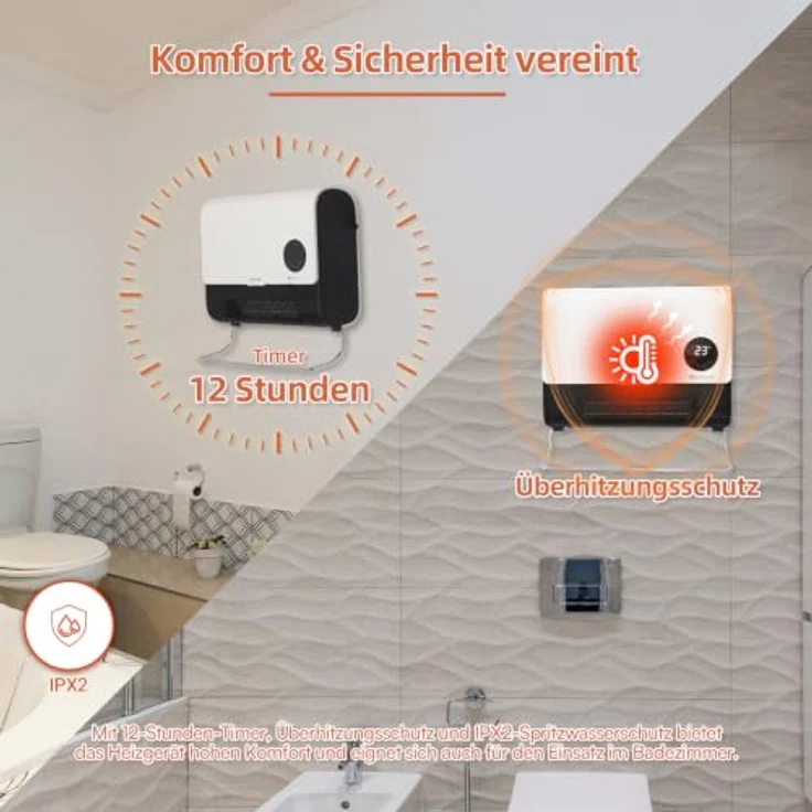 BE COOL Wand-Heizlüfter 2000W "Daniel" BCDaniel26 mit Fernbedienung, 2 Heizstufen und 12-Std.-Timer, platzsparendes Design – Bild 6