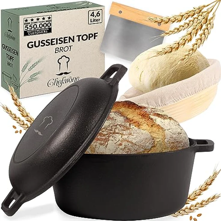 Chefarone® Gusseisen Topf Brot Backen Mit Deckel 4.6L - Brottopf 26CM - Robuster Brotbacktopf - Brotbackform Rund - Brotbacken – Bild 1