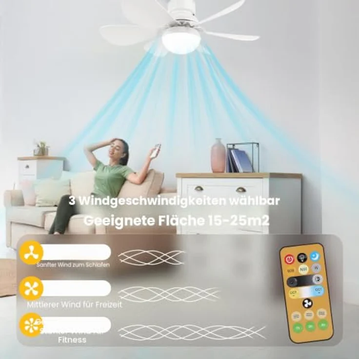 BomKra Deckenventilator mit Beleuchtung und Fernbedienung, 30W LED Lampe, 3 Geschwindigkeiten, dimmbar, Timer-Funktion, leiser Betrieb für Schlafzimmer – Bild 3