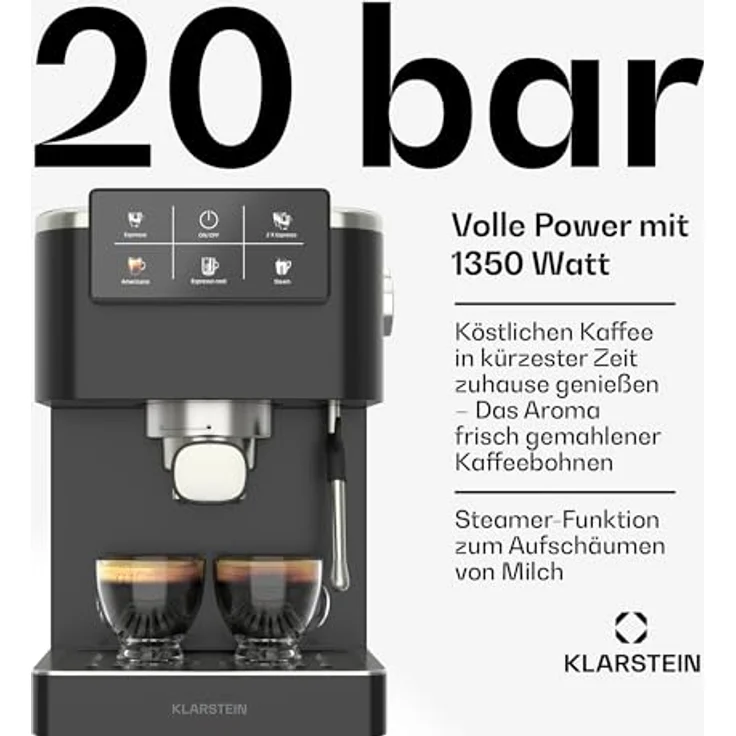 Klarstein SteelPresso Touch Siebträgermaschine – 20-Bar, 1350 W, Edelstahl, 1,5-L-Wassertank, Touch-Display, Integrierter Milchaufschäumer, Kompaktes Design, Kaffeemaschine – Bild 3
