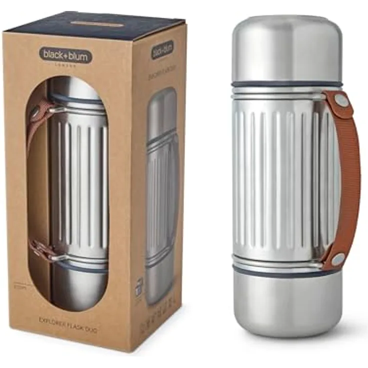 Black + Blum Explorer Flask Duo, 1-Liter vakuumisolierte Edelstahlflasche mit auslaufsicherem Deckel, Nylon-Tragegurt und zwei doppelwandigen Stahlbechern, hält 24 Stunden heiß und kalt