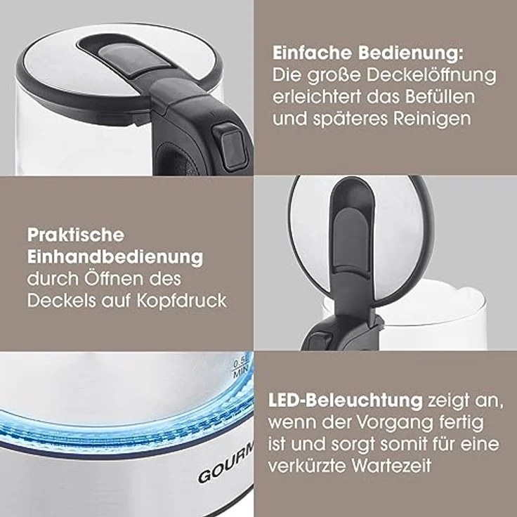 GOURMETmaxx Glas-Wasserkocher in zeitlosem Edelstahl-Design mit blauer LED-Beleuchtung | Praktische Wasserstandsanzeige, Antikalkfilter, 1,7 Liter Fassungsvermögen – Bild 4