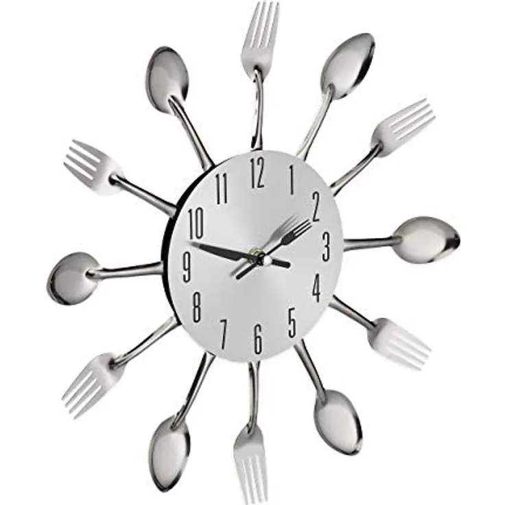 Relaxdays Wanduhr Besteck, Küchenuhr Löffel & Gabel, Ø 31 cm, Metall, batteriebetrieben, ohne Ticken, Besteckuhr, silber