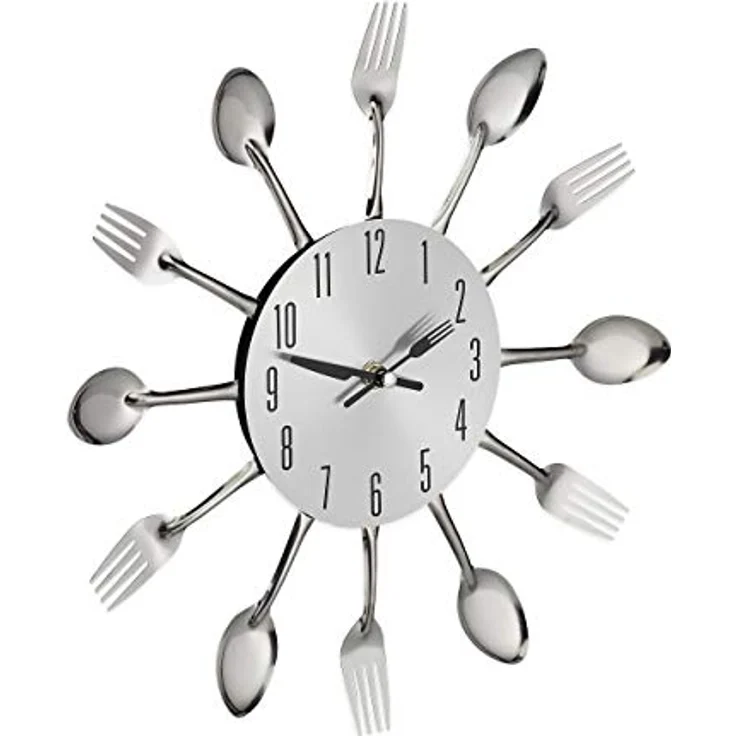 Relaxdays Wanduhr Besteck, Küchenuhr Löffel & Gabel, Ø 31 cm, Metall, batteriebetrieben, ohne Ticken, Besteckuhr, silber – Bild 1