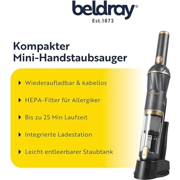 Beldray Airlite Handstaubsauger BEL01096FVDE – Wiederaufladbarer, kabelloser Mini-Autostaubsauger mit HEPA-Filter, 2 Geschwindigkeitsstufen, 25 min Betriebsdauer, inkl. Aufbewahrungs-/Ladestation – Bild 2