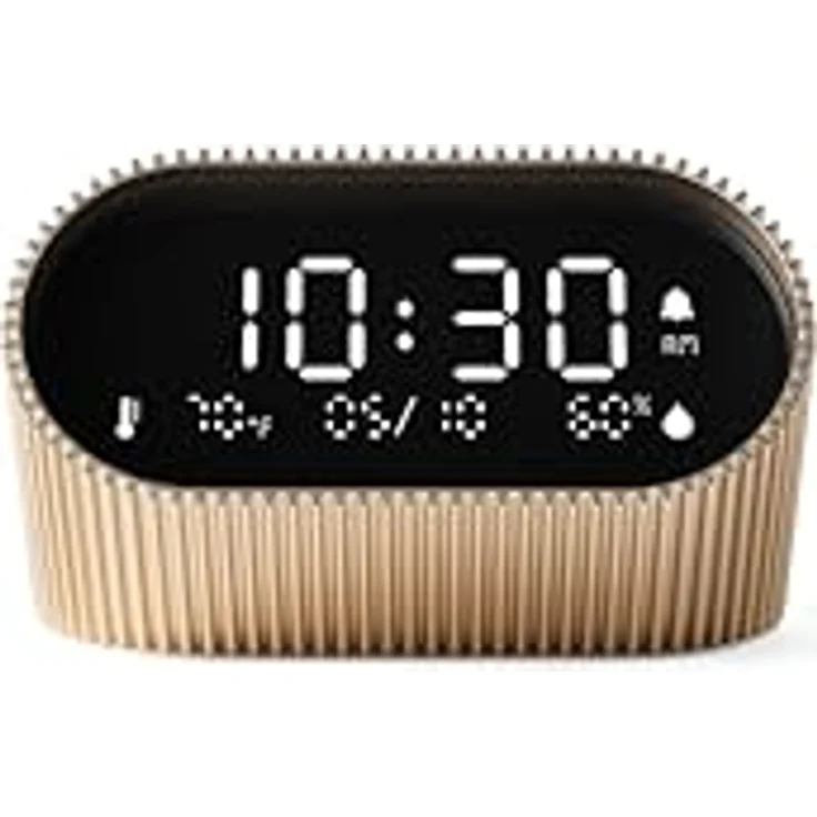 Lexon Ray Clock, Quarzwecker Digitalwecker mit schwarzem LCD-Display, Innenthermometer und Hygrometer, goldfarben – Bild 6