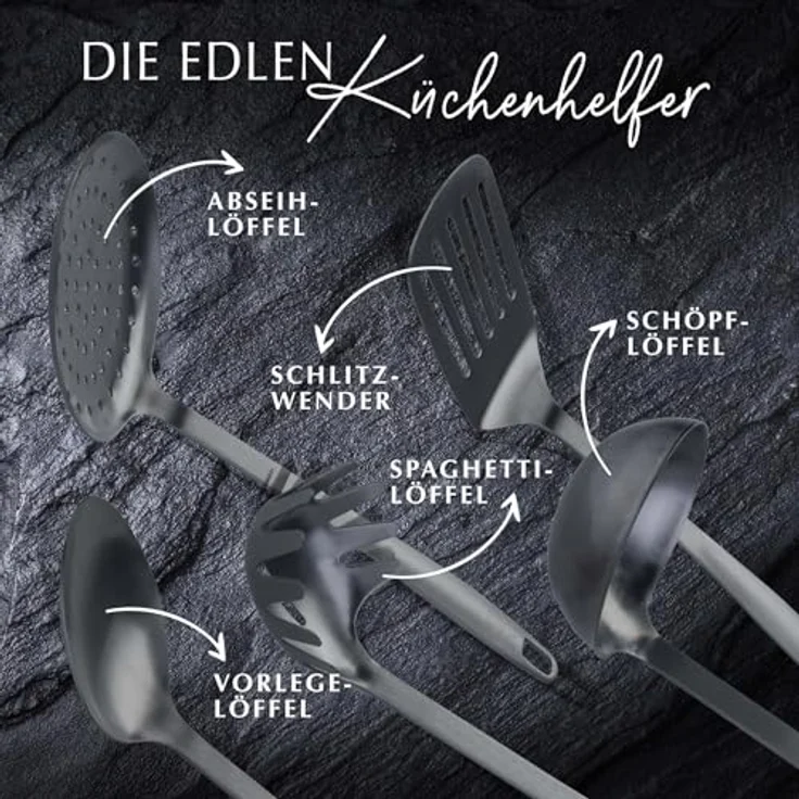 Stanley Rogers Küchenhelfer Set, 5-teiliges Premium Kochbesteck aus rostfreiem Edelstahl, schwarz, mit ergonomischen Griffen und platzsparender Aufbewahrung – Bild 2