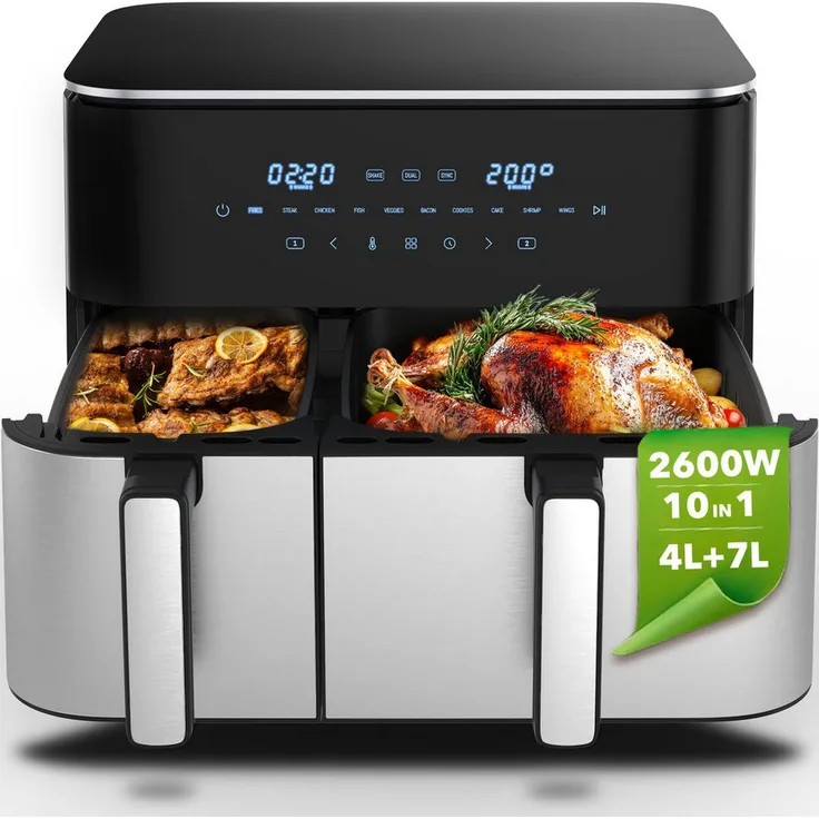 WELLENT Heißluftfritteuse XXL, 11L doppelte Kammern, 10-in-1 LED-Touchscreen, 2600W, fettarmes Kochen für Familie & Party