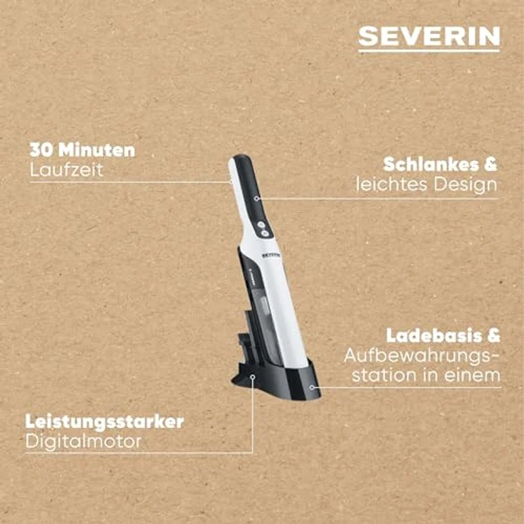 SEVERIN Akku Handstaubsauger, leiser Tierhaar Staubsauger mit Möbelaufsatz für Möbel und Tastaturen, kabelloser Handstaubsauger mit Akku für bis zu 30 Minuten Laufzeit, weiß/schwarz matt, HV 7140 – Bild 4