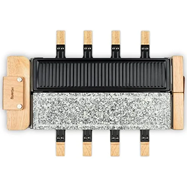 H.Koenig Raclette-Gerät für 8 Personen, WOD360, Granitstein und Naturholz, 180° drehbar, abnehmbare Platten, 1400 W, inkl. 8 Pfannen und 8 Pfannenwender aus Holz