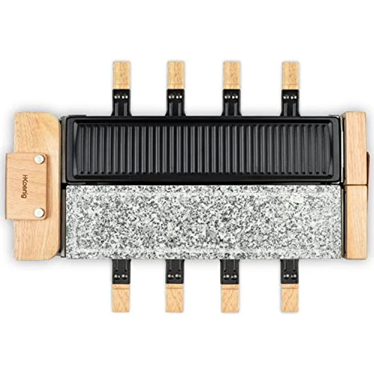 H.Koenig Raclette-Gerät für 8 Personen, WOD360, Granitstein und Naturholz, 180° drehbar, abnehmbare Platten, 1400 W, inkl. 8 Pfannen und 8 Pfannenwender aus Holz – Bild 1