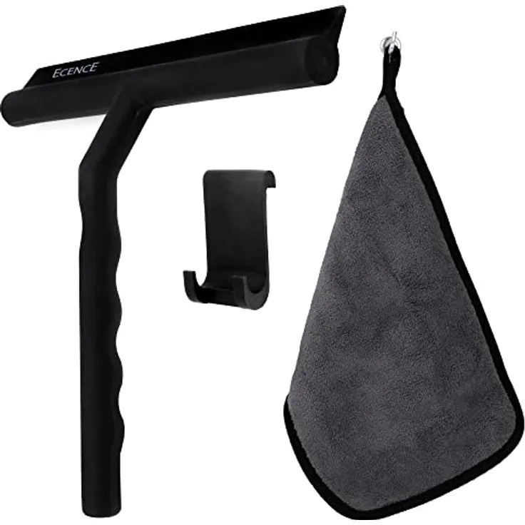 ECENCE Duschabzieher Silikon, Duschabwischer mit Aufhängung und Mikrofasertuch Schwarz 21cm Edelstahl Duschkabinenabzieher Fensterwischer Scheibenabzieher Glasabzieher ohne Bohren