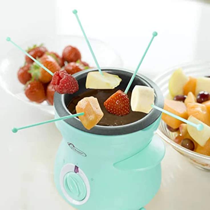 Bestron Schokoladen Fondue für 2 Personen, Mini-Schokofondue-Set, inkl. 10xSpieße, 10xGabeln und 1xSpachtel, 25Watt, Farbe: Mint – Bild 2