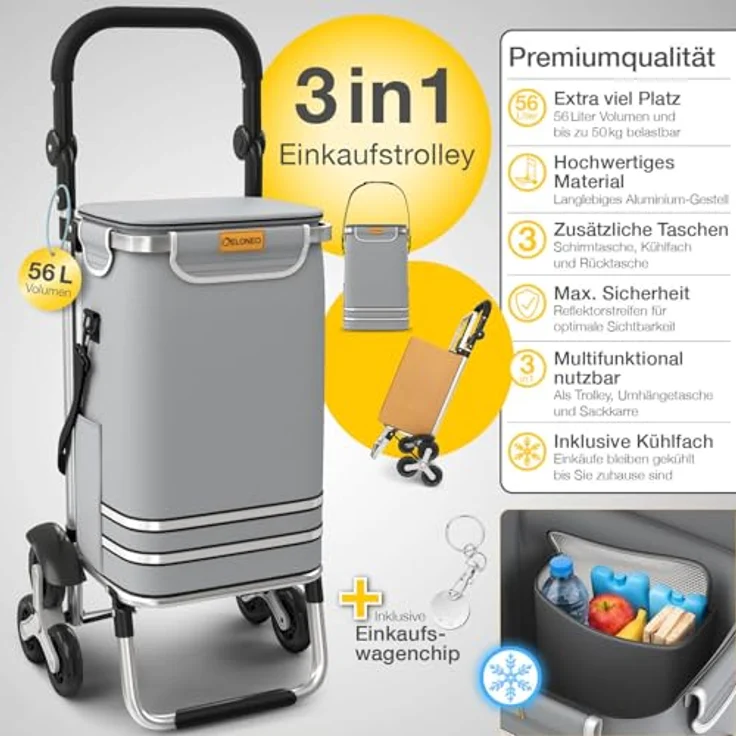 ELONEO Einkaufstrolley Treppensteiger mit Kühlfach, klappbar, höhenverstellbar, 43 L abnehmbare Tasche, Grau – Bild 3