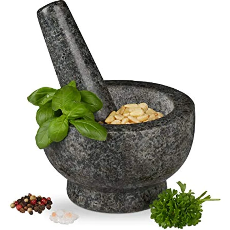 Relaxdays Granit Mörser mit Stößel, robust & langlebig, Gewürze, Kräuter, polierter Steinmörser, Ø 13 cm, 250 ml, grau – Bild 2