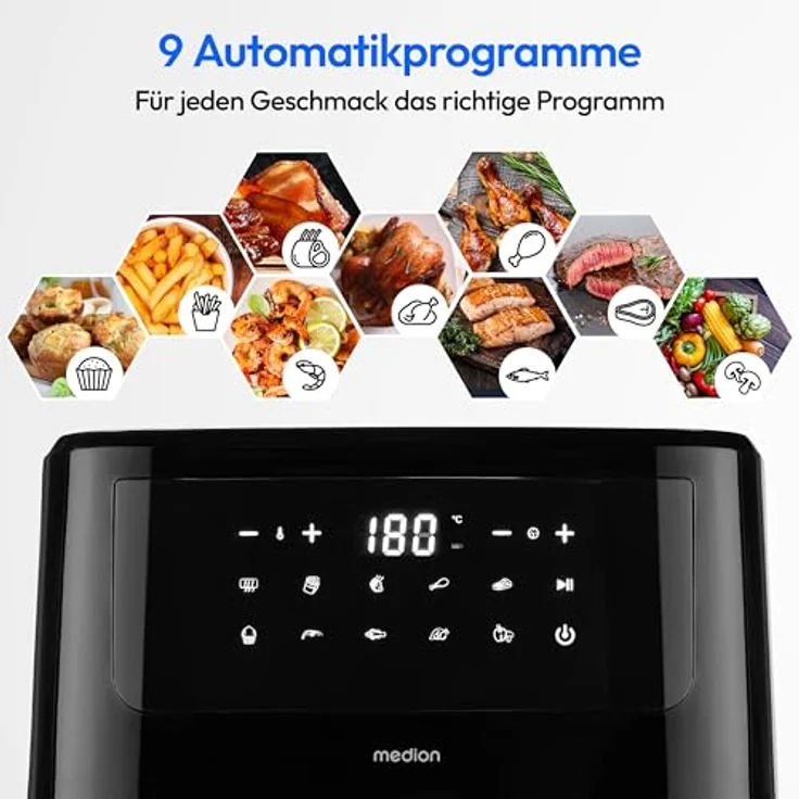 MEDION Heißluftfritteuse MD11750 P10 XL Duo, 2000 W, 6,3 L, Schüttelalarm, 9 Automatikprogramme, Edelstahl – Bild 4