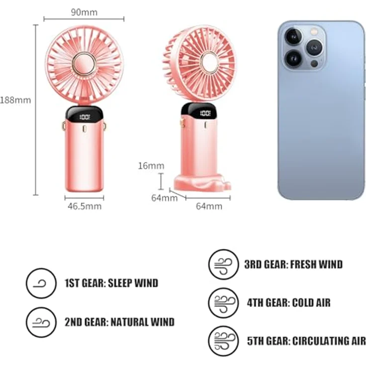 Jsdoin Handventilator, Tragbarer Mini Ventilator mit 5 Geschwindigkeitsstufen, Faltbarer USB-Ventilator, Wiederaufladbar, 5000-mAh-Akku, Rosa – Bild 3