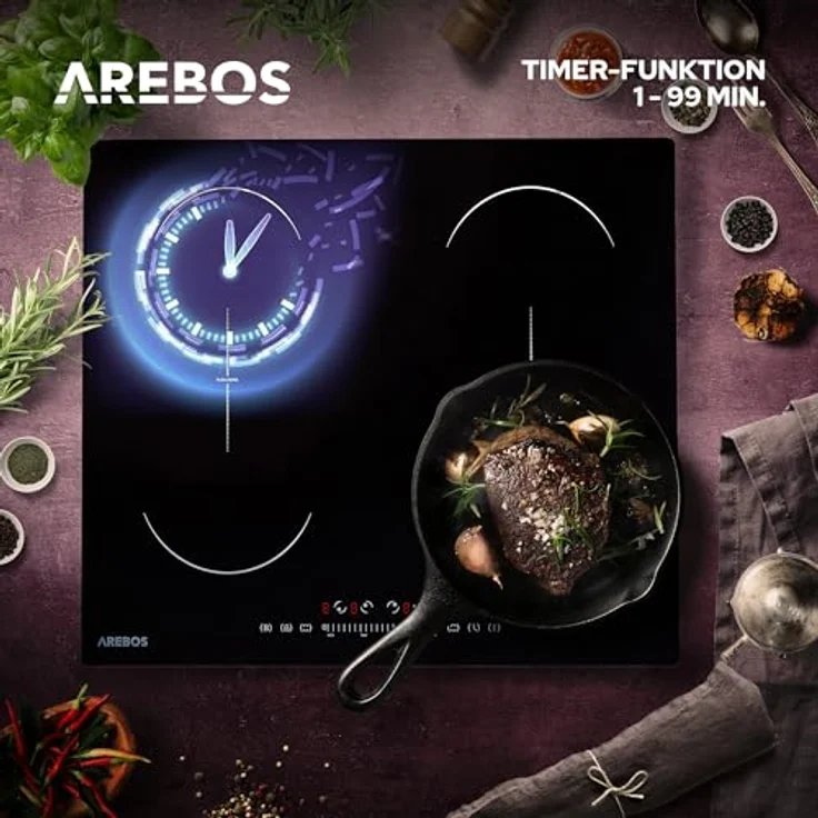 Arebos Induktionskochfeld | 7200 W | 4 Kochfelder mit 2 doppel Flexzonen | 59 cm | Autark | mit Sensor Touch, Timer, Kindersicherung, Überhitzungsschutz, Autoabschaltung – Bild 5