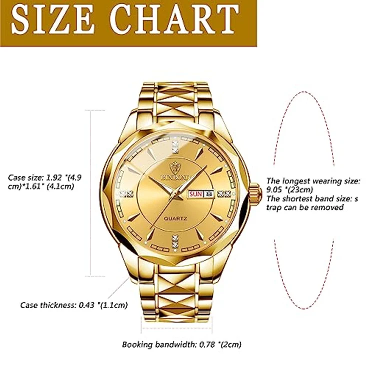 JewelryWe Herrenuhr Edelstahl - Gold Analog Quarz Armbanduhr mit leuchtenden Zeigern, Datum, Woche und 30m Wasserdichtigkeit – Bild 3