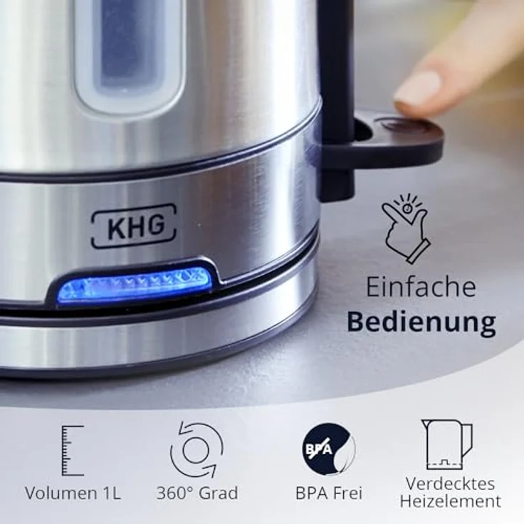 KHG Wasserkocher WK-105 ES, Edelstahl 1 Liter, 2200 Watt, abwaschbarer Kalkfilter, Wasserstandsanzeige, Trockengehschutz & Abschaltautomatik – Bild 4