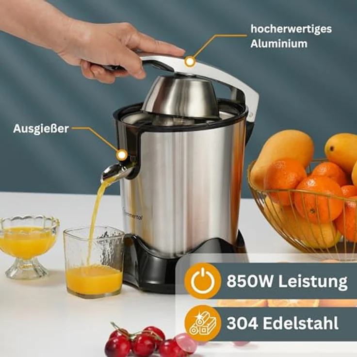 Sommertal Zitruspresse CP850 elektrische Saftpresse inkl. 2 Presskegel, manuelle Handpresse, Orangenpresse Zitronenpresse aus Edelstahl, Juicer Entsafter mit starkem 850W Motor, silber – Bild 4