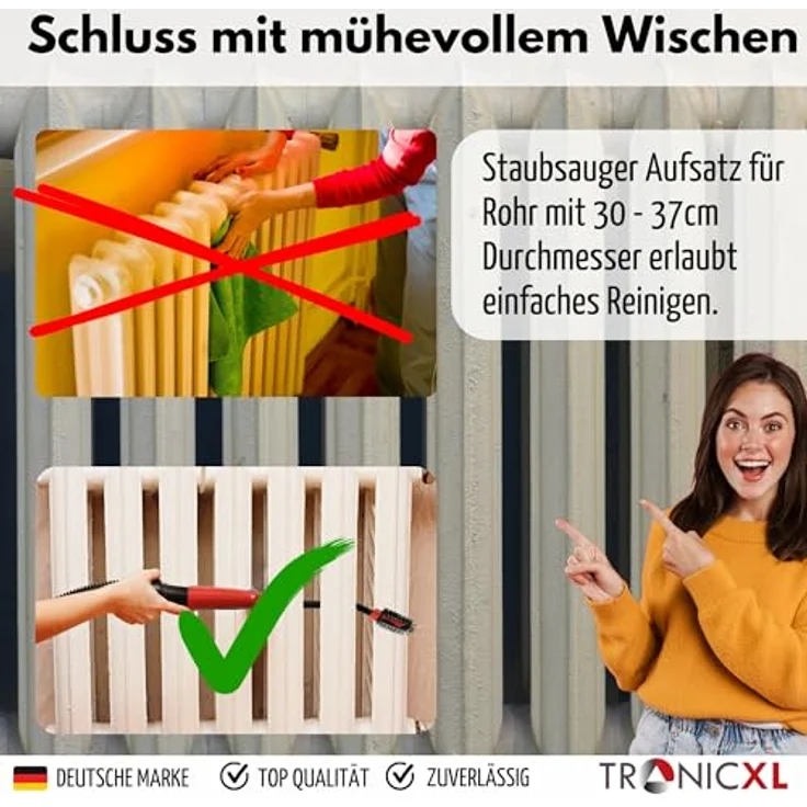 TronicXL XXL Heizkörper Reinigungsbürste + Staubsauger-Düse, 73cm Bürste und 46cm flexibler Aufsatz für alte Lamellenheizkörper, praktische und biegsame Reinigungslösung – Bild 3