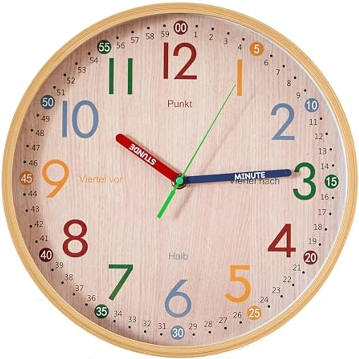 K&L Wall Art Lernuhr, 30 cm lautlose Kinderwanduhr in Holzoptik für Mädchen und Jungen, ideal für Kinderzimmer – Bild 1