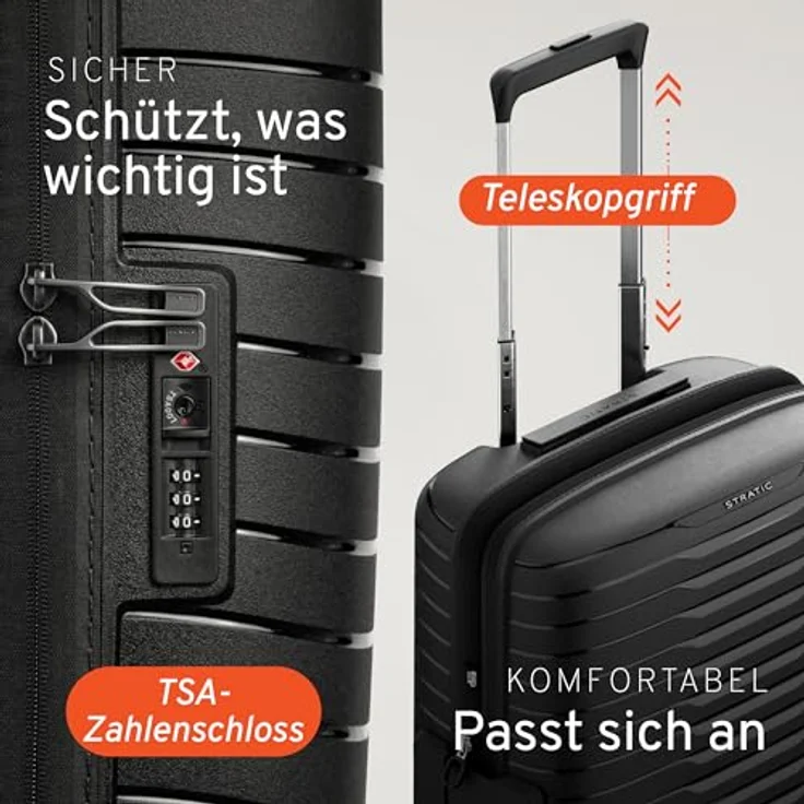 Stratic Novium Kabinentrolley S 55 cm, 4 Rollen mit Dehnfalte, schwarz, 100% Polypropylen – Bild 6