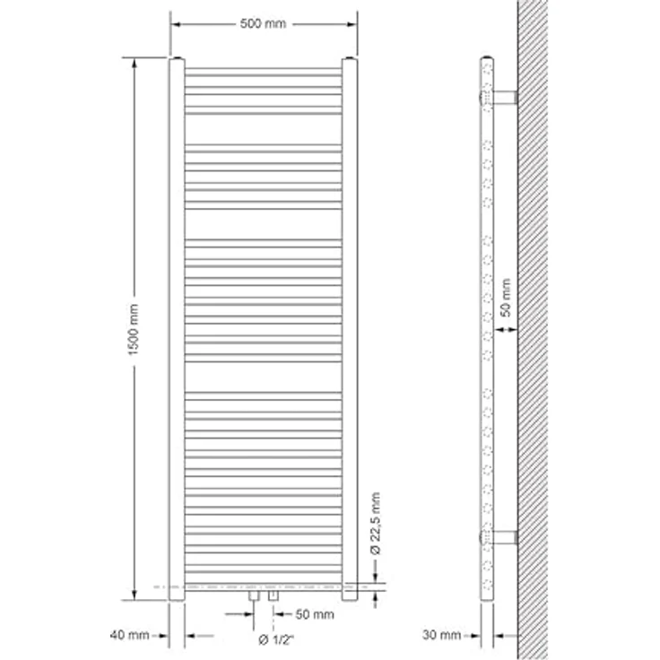 ECD Germany Badheizkörper 500 x 1500 mm, Weiß, gerade mit Mittelanschluss, Handtuchwärmer und Trockner, inkl. Montagematerial – Bild 2