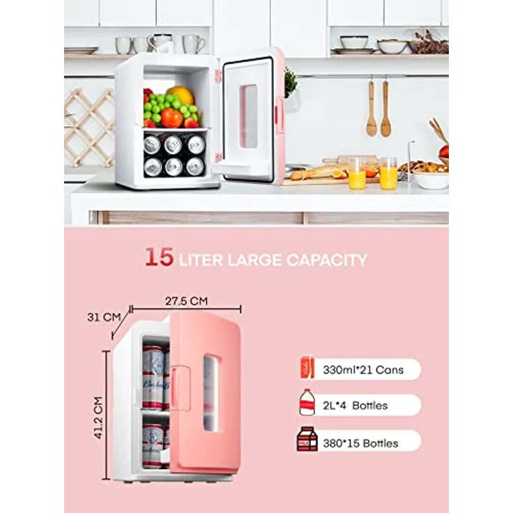 NORTHCLAN Mini Kühlschrank 15L, tragbarer Kühl- und Heizkühlschrank mit 220V AC/12V DC, Max & Eco-Modus, für Getränke und Kosmetik, Rosa – Bild 2