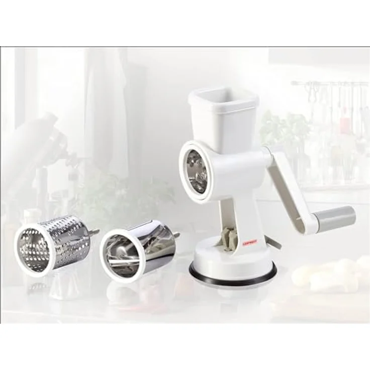 Leifheit Trommelreibe mit 3 auswechselbaren Klingen zum Raspeln und Schneiden, Gemüsereibe, Nussmühle, feines und grobes Mahlen, rutschsichere Parmesanreibe mit Kurbel, Reibemaschine, Mandelmühle – Bild 2