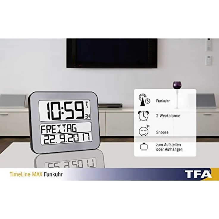 TFA Dostmann TimeLine Max Funkuhr, Wanduhr, digital, mit Wochentag und Weckfunktion, Silber, 60.4512.54,L 258 x B 30 (120) x H 212 mm – Bild 3