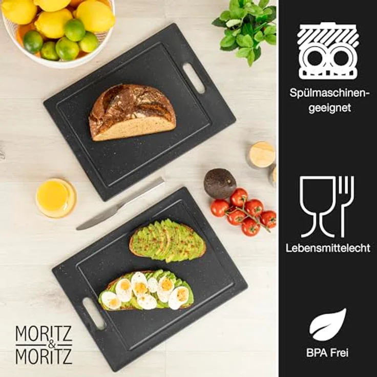 Moritz & Moritz Schneidebrett Kunststoff 36 x 27,5 cm Granitoptik BPA frei mit Antirutschfüßen, Saftrille & Eingriffsöffnung – Bild 3