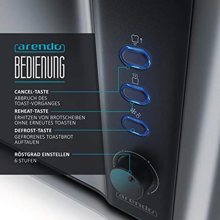 Arendo Edelstahl Toaster Langschlitz 4 Scheiben - Defrost Funktion - wärmeisolierendes Gehäuse - mit integrierten Brötchenaufsatz - 1500W - Krümelschublade - Display mit Restzeitanzeige - Cool Grey – Bild 3