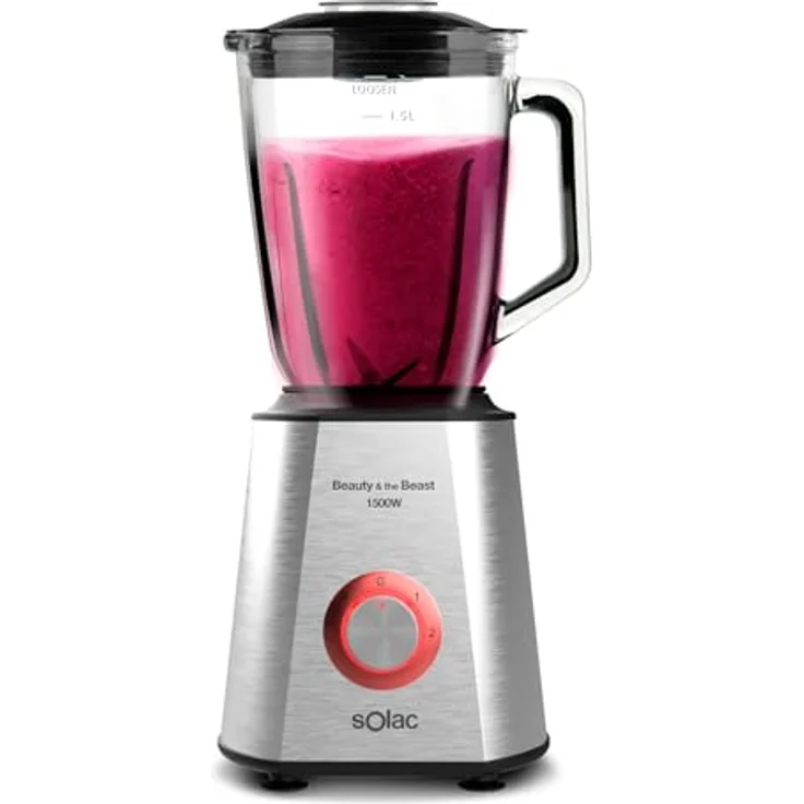 Solac BV5728 Beauty and the Beast 1500 Standmixer, 1.500 W, 6 Klingen aus Edelstahl, 2 Geschwindigkeitsstufen + Turbo, Eiszerkleinerung, Karaffe mit Skala 1,5 l, Rot, Transparent, Silber – Bild 2