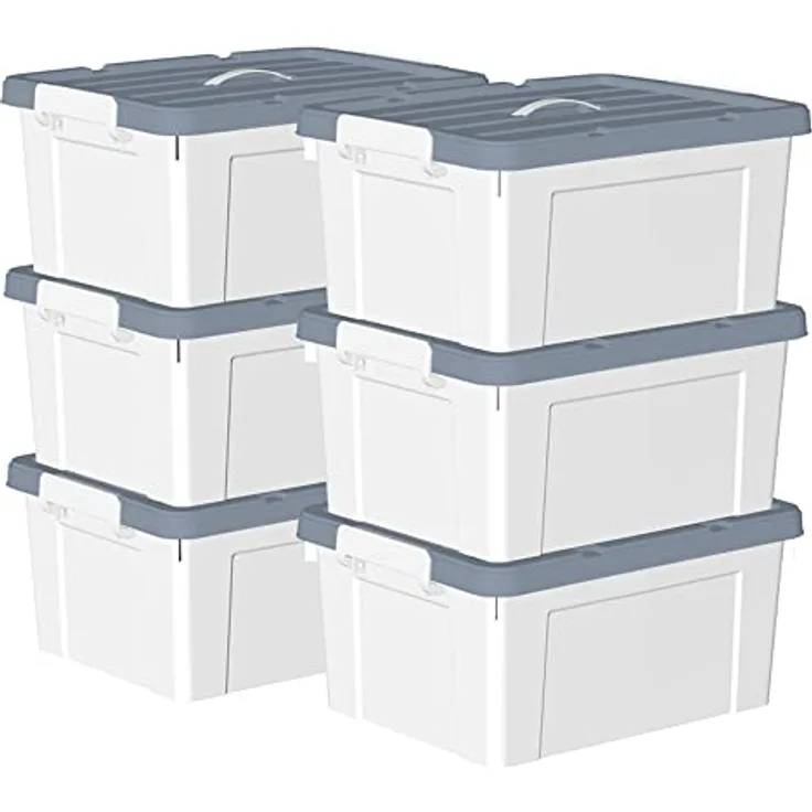 Cetomo 35 l x 6 Kunststoff-Aufbewahrungsbox, Tragetasche, Organisationsbehälter mit robustem Deckel und sicheren Verriegelungsschnallen, stapelbar und stapelbar, 6 Stück, weiß
