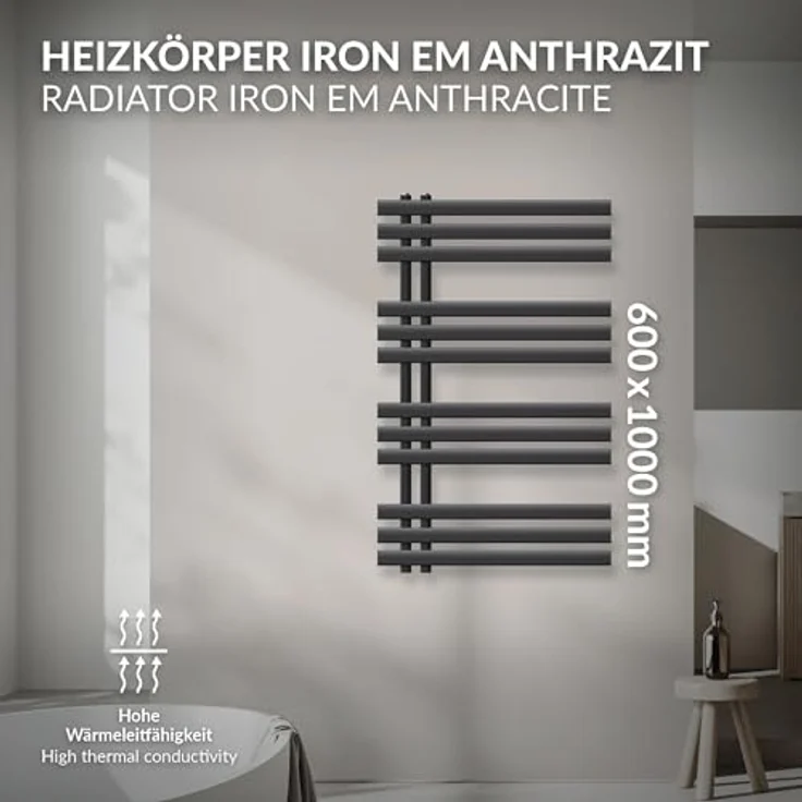 ECD Germany Iron EM Design Badheizkörper - 600 x 1000 mm - Anthrazit - Paneelheizkörper Handtuchwärmer mit hochwertigem Design und hoher Wärmeleistung – Bild 2