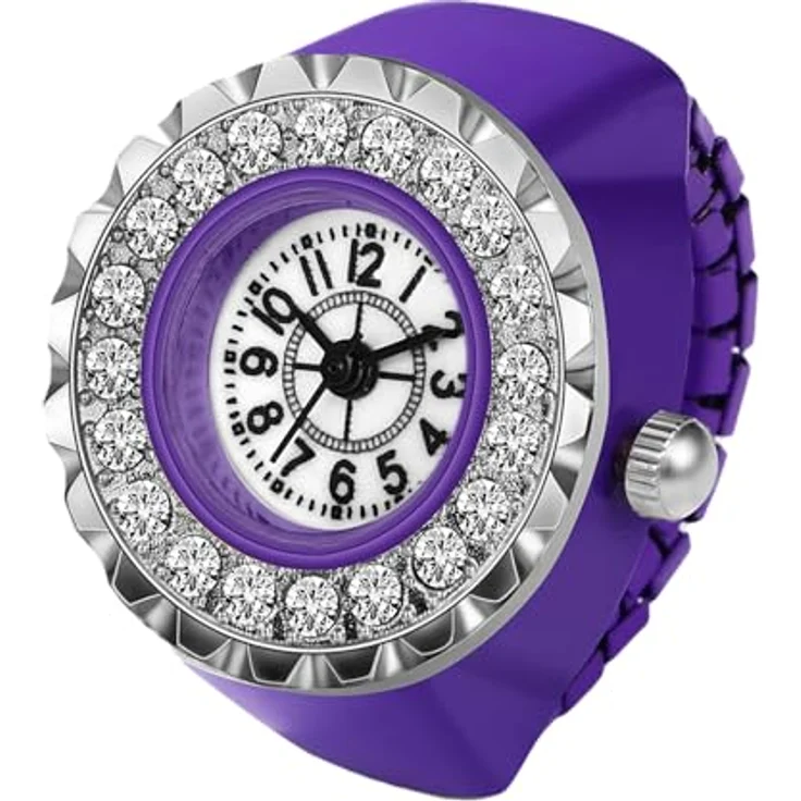 JewelryWe Ringuhr Fingeruhr Damen, elegante Quarz Uhr mit glitzernden Strasssteinen, lila elastisches Band, 10m wasserdicht – Bild 1