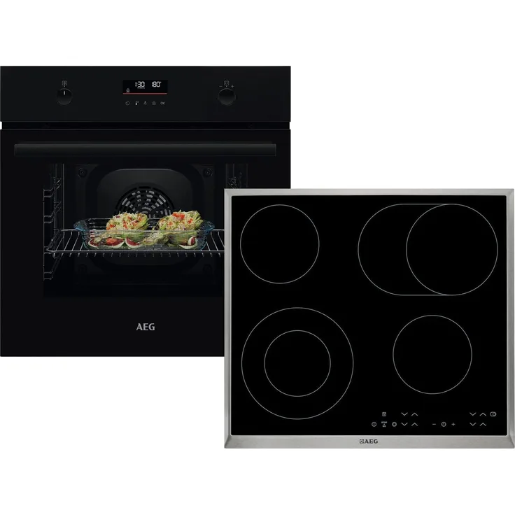 AEG AB32BP Set Pyrolyse Backofen BPK53516XB mit 65 Litern, 25 Automatikprogrammen und Glaskeramikkochfeld HK634060XB mit 4 Kochzonen, schwarzes Design