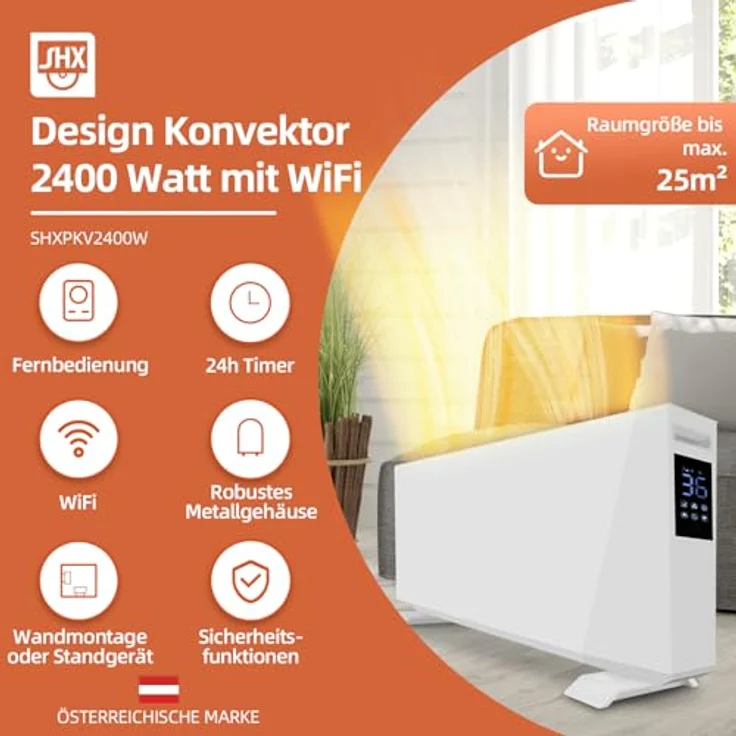 SHX Smart 2400W Elektroheizung Energiesparend - Elektrische Konvektorheizung mit Thermostat - App Steuerung, silber – Bild 2