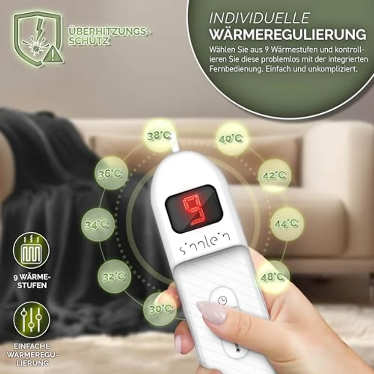 sinnlein Heizdecke aus Plüsch 200 x 180 cm anthrazit elektrische Wärmedecke mit Abschaltautomatik und Timer 9 Temperaturstufen waschbar – Bild 5