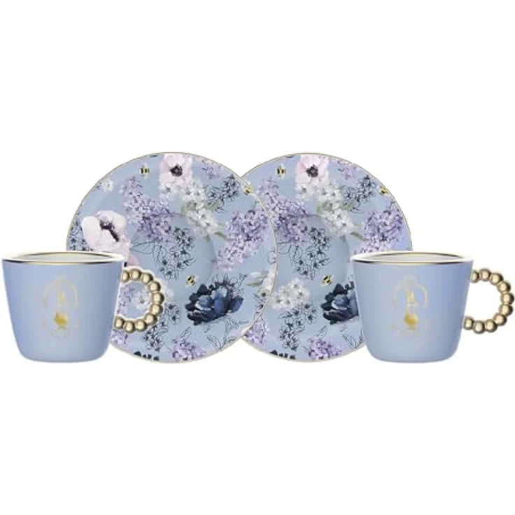 Lindy Kochbesteck-Set Bridgerton, Espressotassenset mit goldenen Akzenten und Blumenmustern, 2 Tassen und Untertassen aus hochwertigem Porzellan, 90 ml Fassungsvermögen – Bild 2