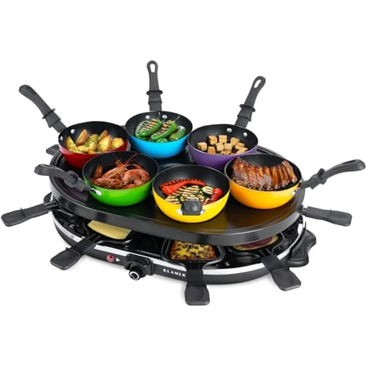 KLAMER Raclette-Wok 1200 W – Raclette Grill mit 6 Wokpfännchen, 8 Raclettepfännchen, Antihaftbeschichtung, stufenloser Temperaturregler, inkl. Holzspatel & digitalem Rezeptbuch – Bild 1