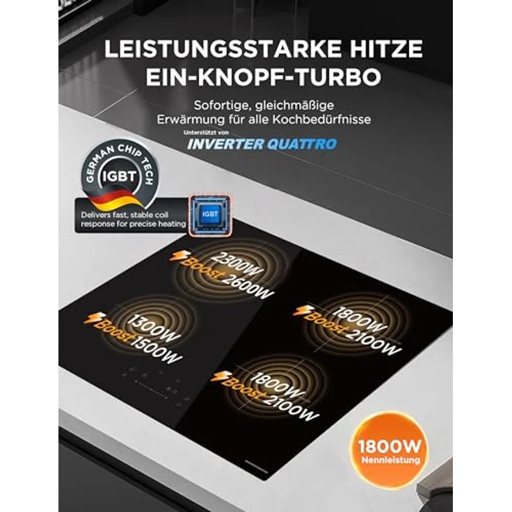 MIDEA 7400W Induktionskochfeld, Einbau Keramikkochfeld mit 4 Kochzonen, Berührungssteuerung, Automatische Abschaltung, Kindersicherung – Bild 3
